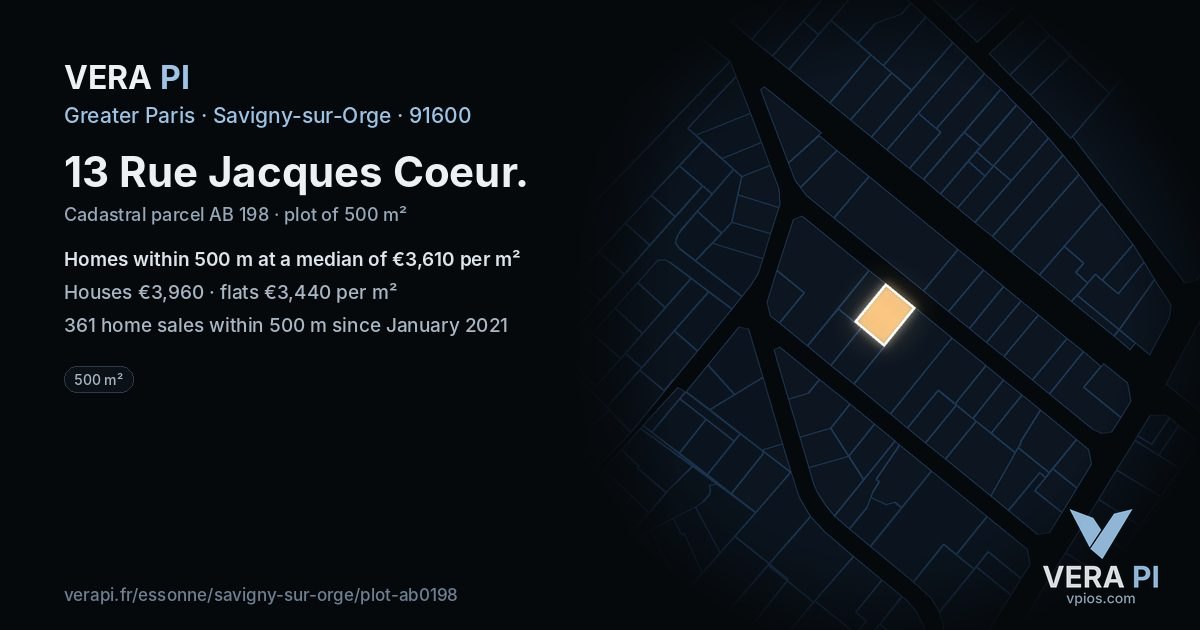 13 Rue Jacques Coeur, Savigny-sur-Orge at night – the plot lit, the parcels around coloured by the prices near them