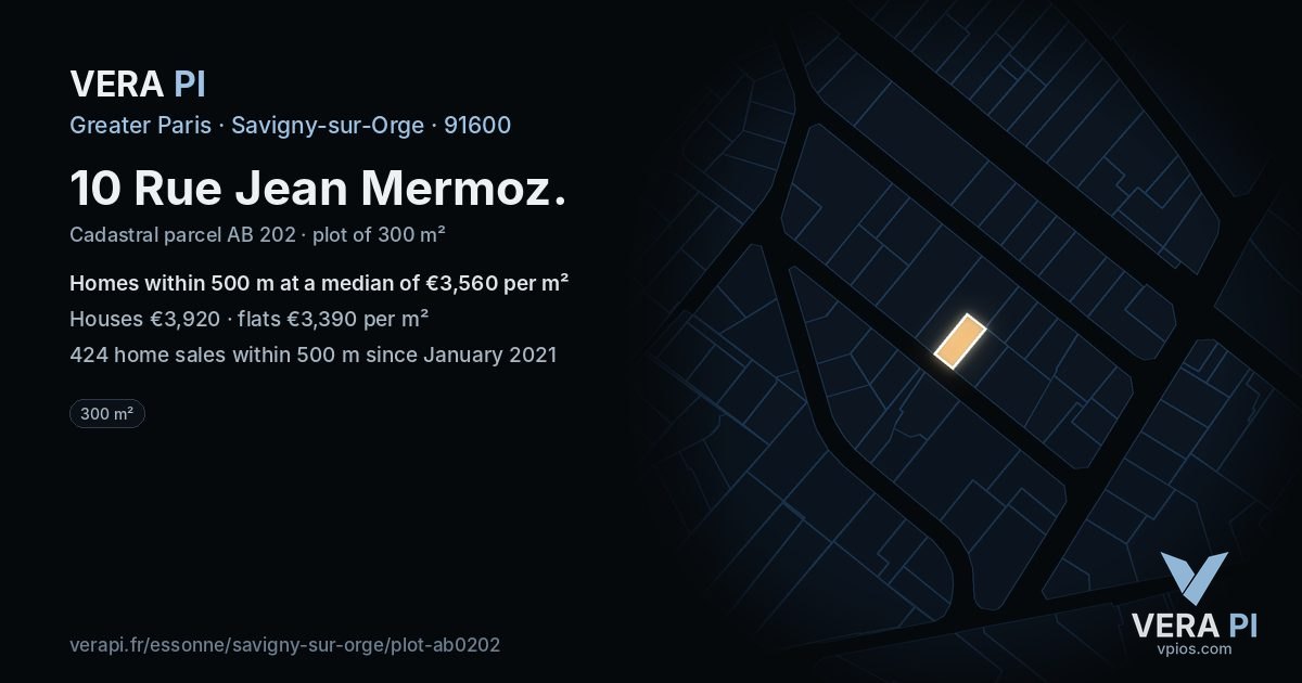10 Rue Jean Mermoz, Savigny-sur-Orge at night – the plot lit, the parcels around coloured by the prices near them