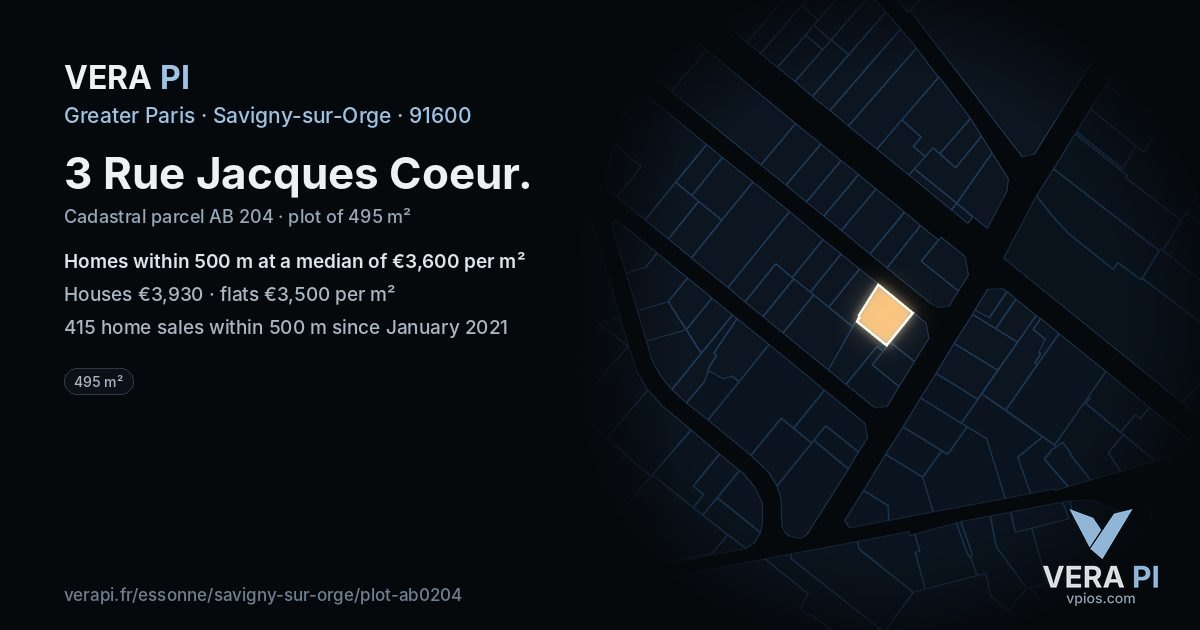 3 Rue Jacques Coeur, Savigny-sur-Orge at night – the plot lit, the parcels around coloured by the prices near them