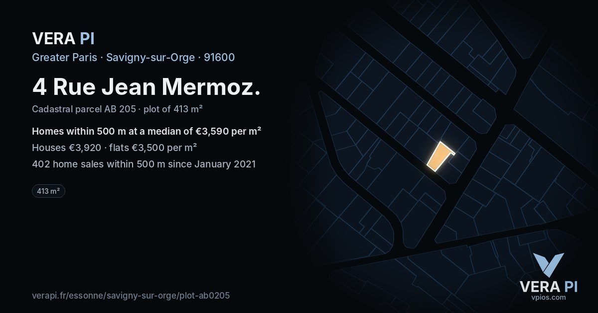 4 Rue Jean Mermoz, Savigny-sur-Orge at night – the plot lit, the parcels around coloured by the prices near them
