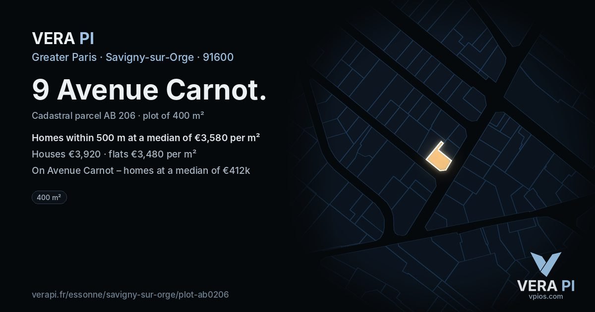 9 Avenue Carnot, Savigny-sur-Orge at night – the plot lit, the parcels around coloured by the prices near them
