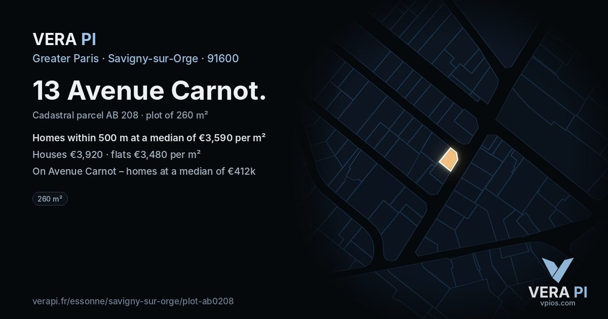 13 Avenue Carnot, Savigny-sur-Orge at night – the plot lit, the parcels around coloured by the prices near them