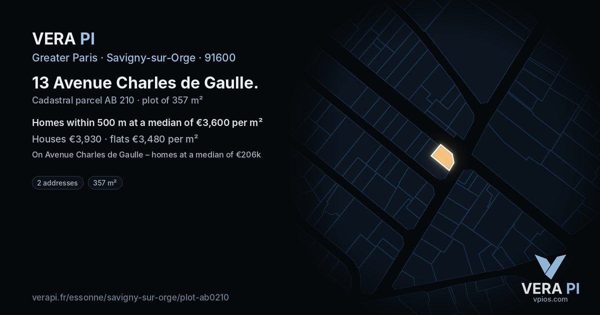 13 Avenue Charles de Gaulle, Savigny-sur-Orge at night – the plot lit, the parcels around coloured by the prices near them