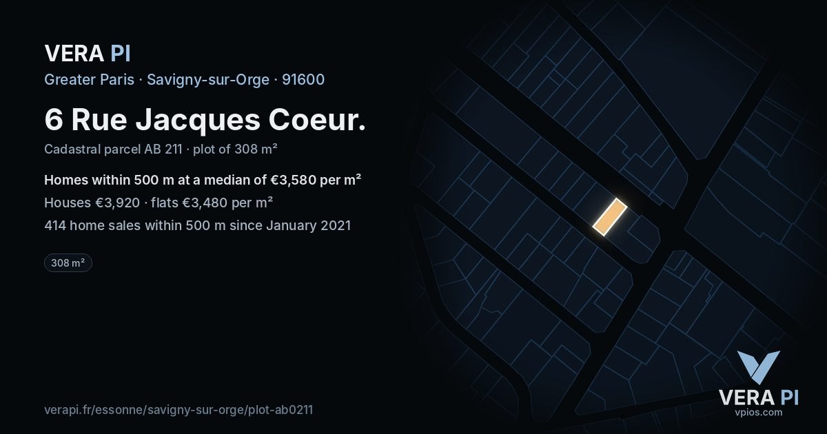 6 Rue Jacques Coeur, Savigny-sur-Orge at night – the plot lit, the parcels around coloured by the prices near them