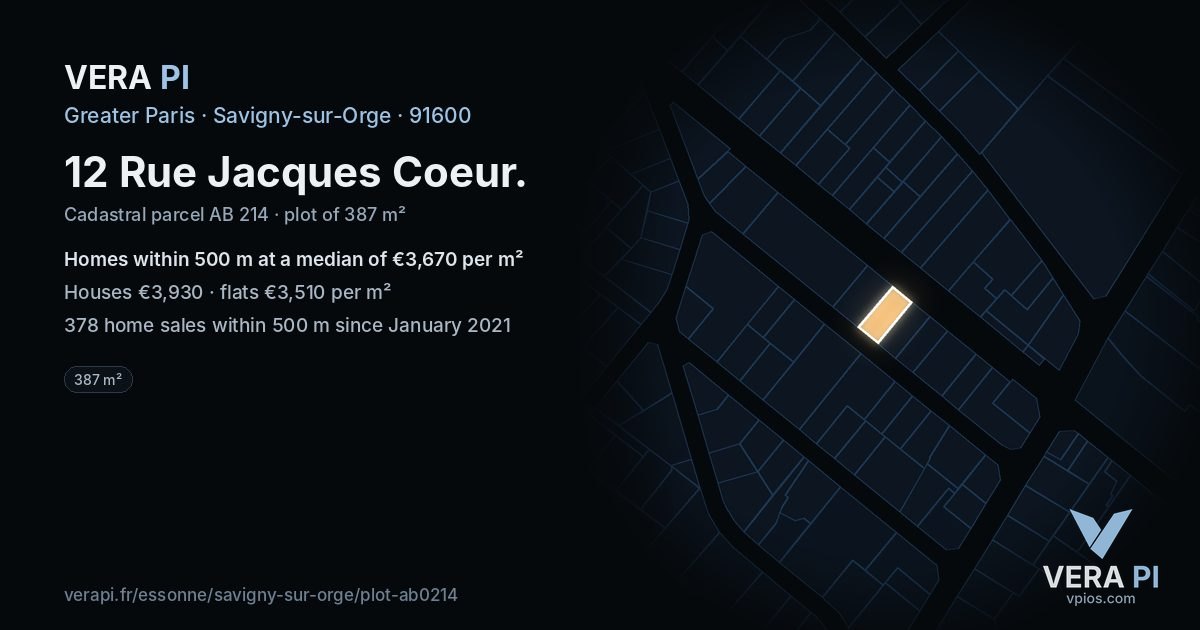 12 Rue Jacques Coeur, Savigny-sur-Orge at night – the plot lit, the parcels around coloured by the prices near them