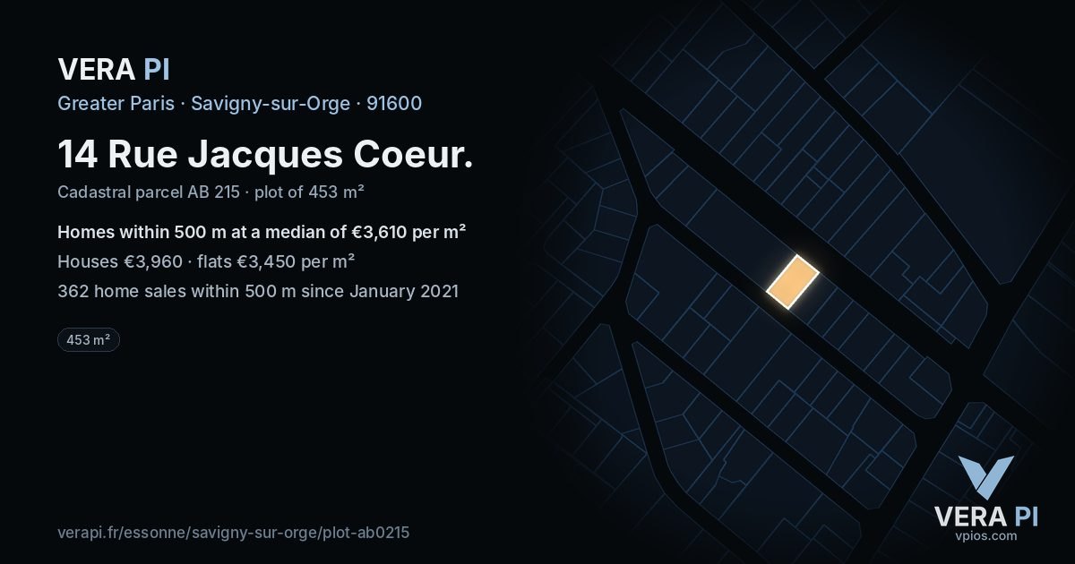 14 Rue Jacques Coeur, Savigny-sur-Orge at night – the plot lit, the parcels around coloured by the prices near them