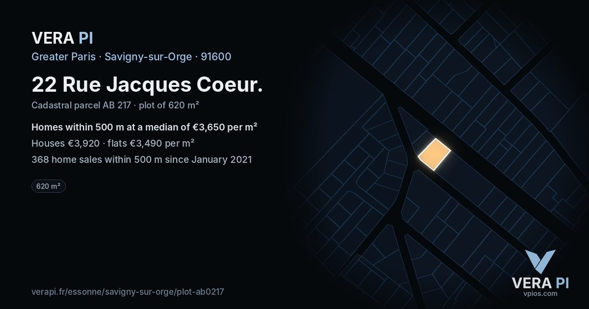 22 Rue Jacques Coeur, Savigny-sur-Orge at night – the plot lit, the parcels around coloured by the prices near them