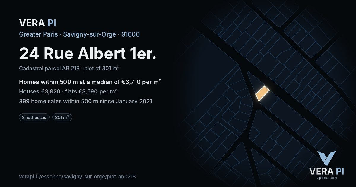 24 Rue Albert 1er, Savigny-sur-Orge at night – the plot lit, the parcels around coloured by the prices near them