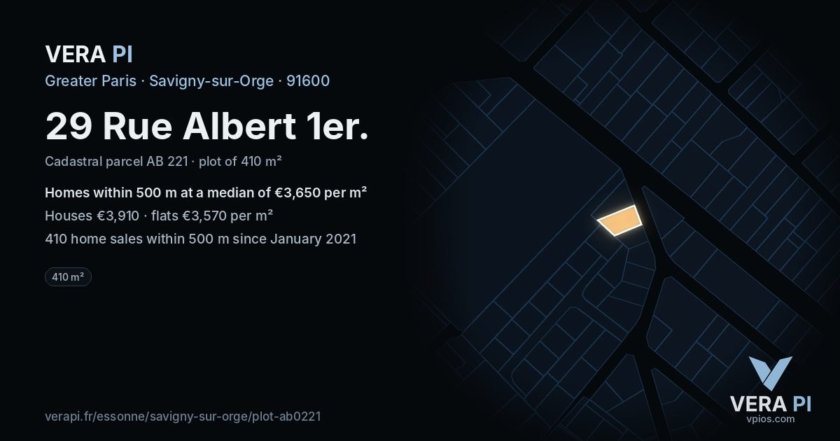 29 Rue Albert 1er, Savigny-sur-Orge at night – the plot lit, the parcels around coloured by the prices near them