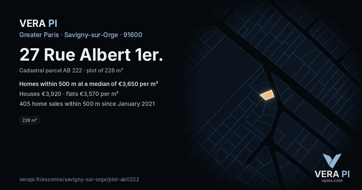 27 Rue Albert 1er, Savigny-sur-Orge at night – the plot lit, the parcels around coloured by the prices near them