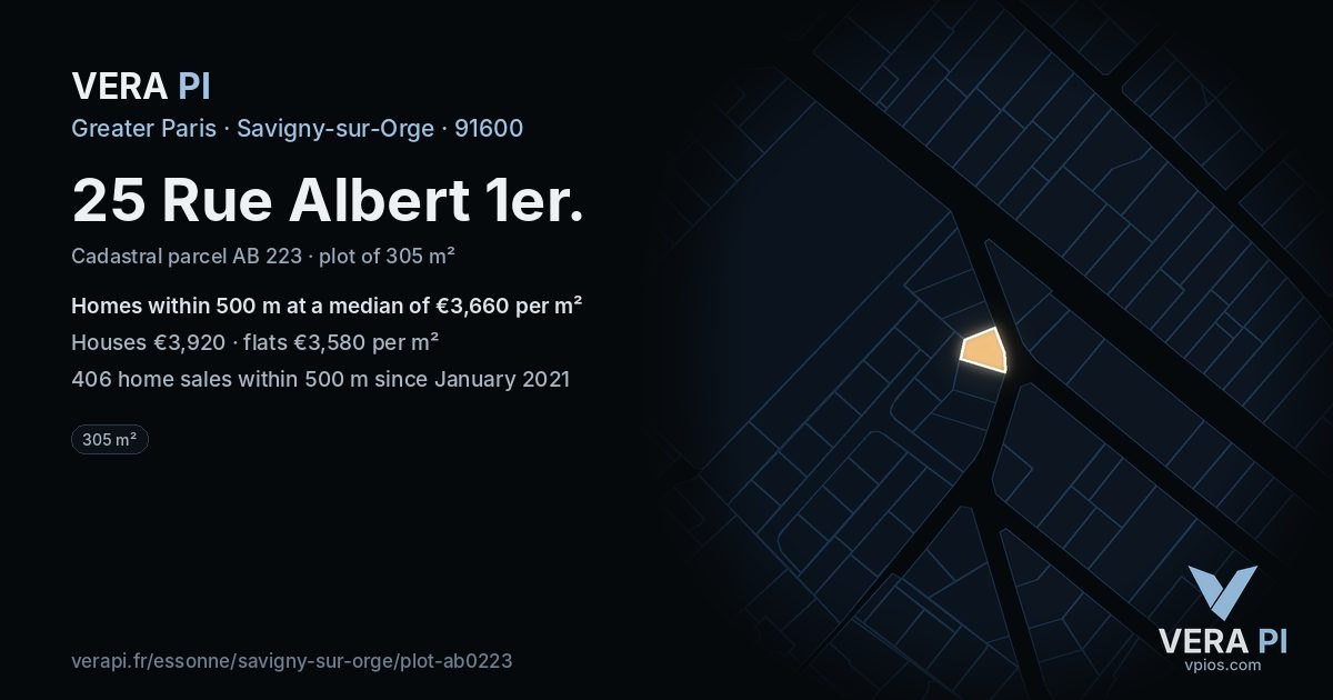 25 Rue Albert 1er, Savigny-sur-Orge at night – the plot lit, the parcels around coloured by the prices near them