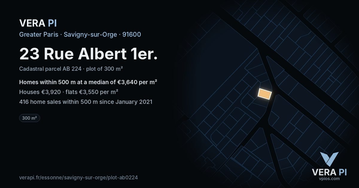 23 Rue Albert 1er, Savigny-sur-Orge at night – the plot lit, the parcels around coloured by the prices near them