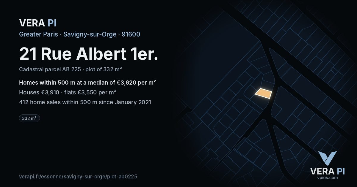 21 Rue Albert 1er, Savigny-sur-Orge at night – the plot lit, the parcels around coloured by the prices near them
