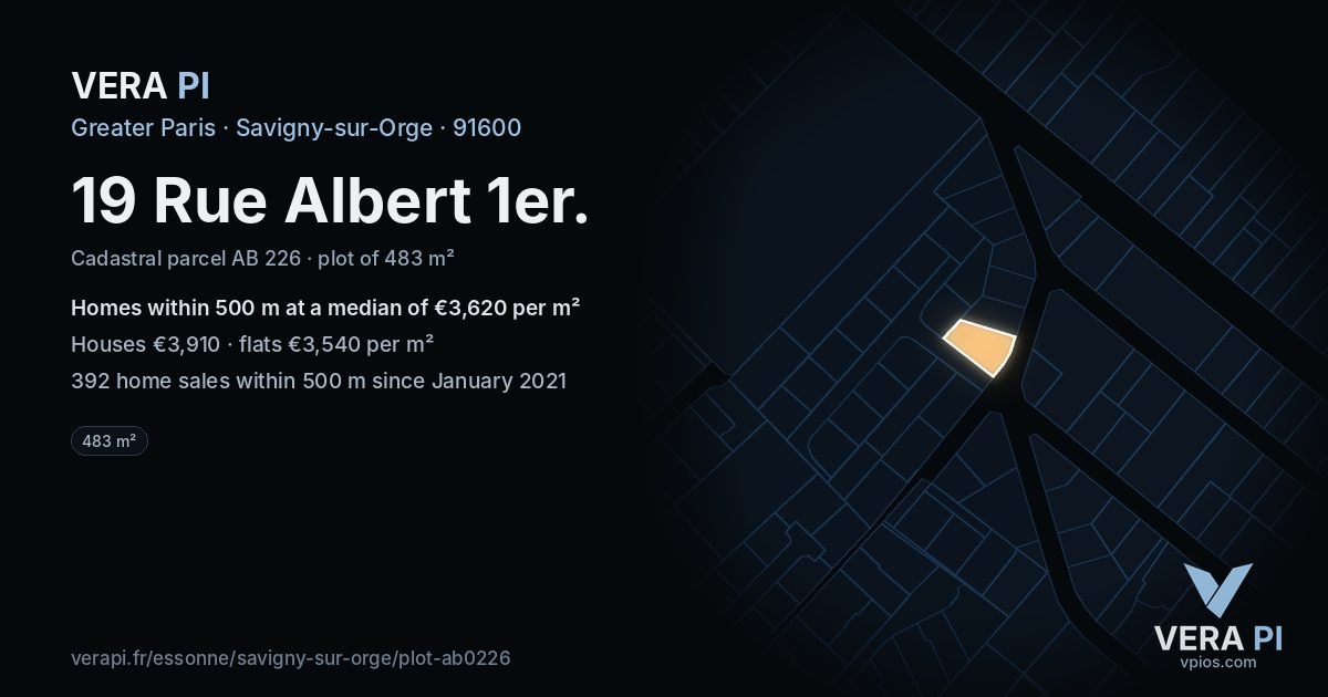 19 Rue Albert 1er, Savigny-sur-Orge at night – the plot lit, the parcels around coloured by the prices near them