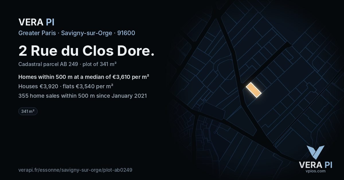 2 Rue du Clos Dore, Savigny-sur-Orge at night – the plot lit, the parcels around coloured by the prices near them
