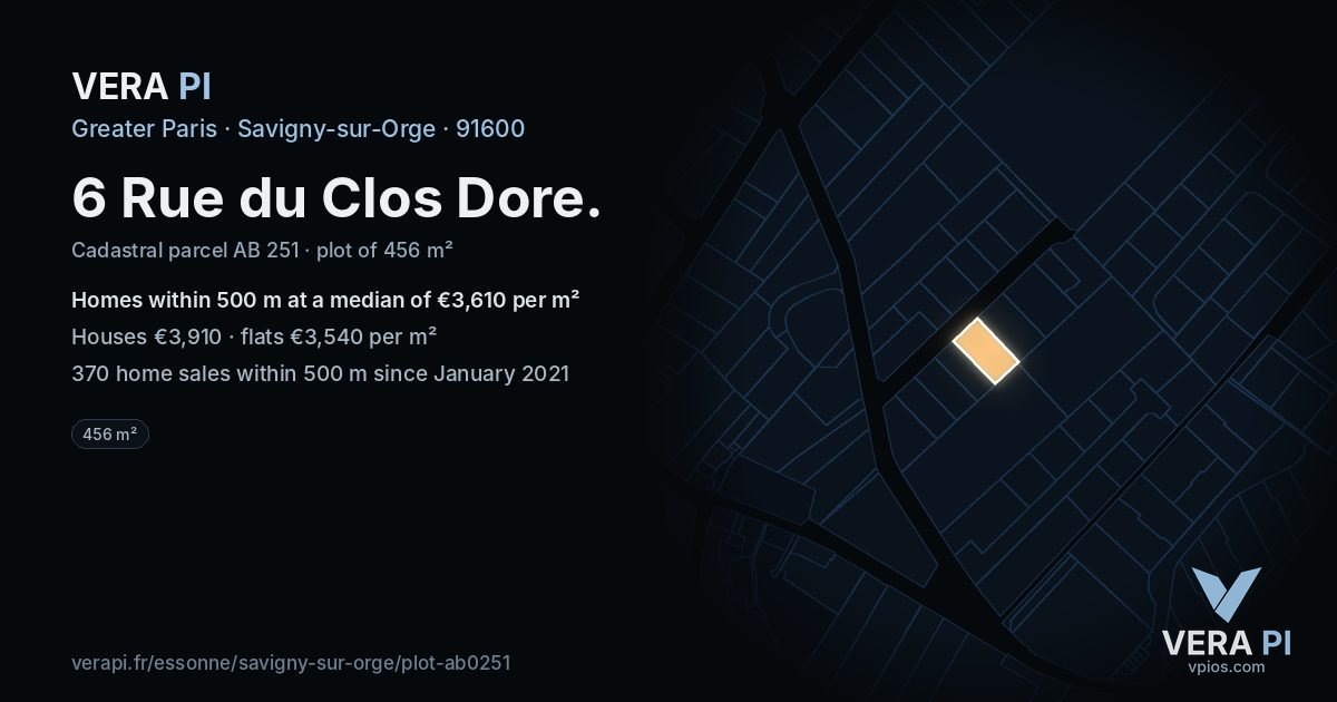 6 Rue du Clos Dore, Savigny-sur-Orge at night – the plot lit, the parcels around coloured by the prices near them