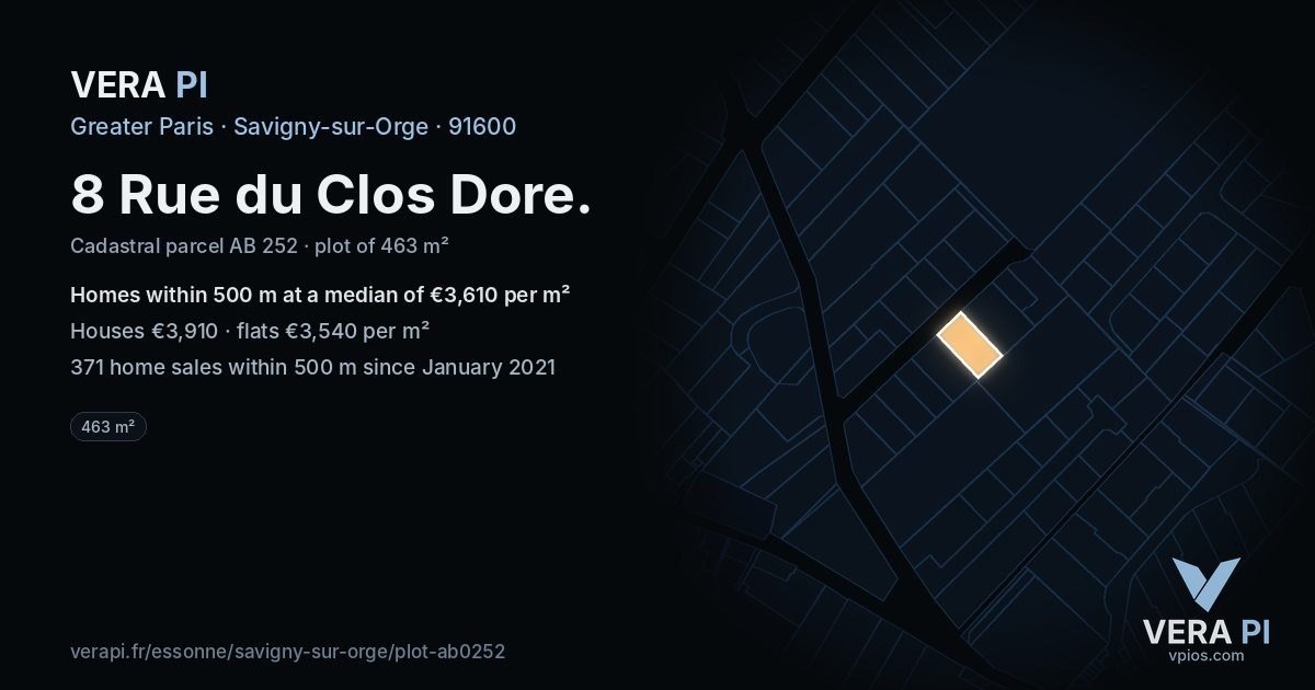 8 Rue du Clos Dore, Savigny-sur-Orge at night – the plot lit, the parcels around coloured by the prices near them
