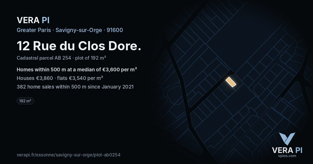 12 Rue du Clos Dore, Savigny-sur-Orge at night – the plot lit, the parcels around coloured by the prices near them