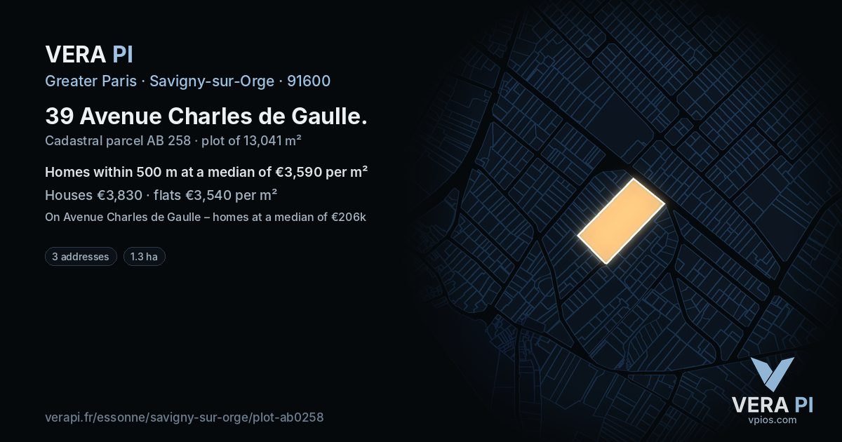 39 Avenue Charles de Gaulle, Savigny-sur-Orge at night – the plot lit, the parcels around coloured by the prices near them