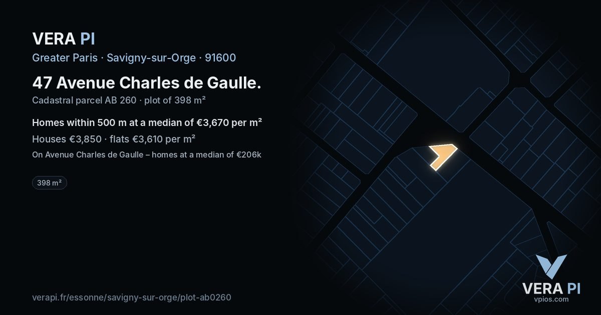 47 Avenue Charles de Gaulle, Savigny-sur-Orge at night – the plot lit, the parcels around coloured by the prices near them