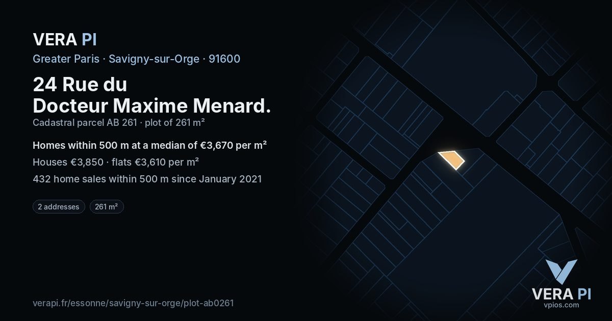 24 Rue du Docteur Maxime Menard, Savigny-sur-Orge at night – the plot lit, the parcels around coloured by the prices near them