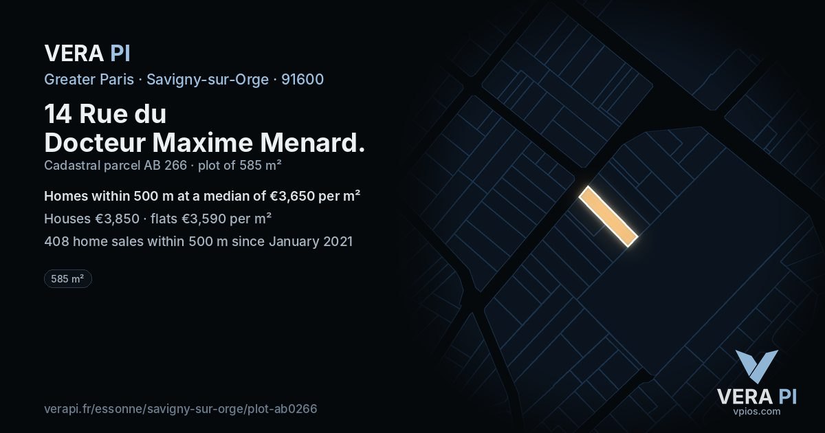 14 Rue du Docteur Maxime Menard, Savigny-sur-Orge at night – the plot lit, the parcels around coloured by the prices near them