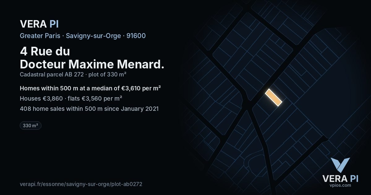 4 Rue du Docteur Maxime Menard, Savigny-sur-Orge at night – the plot lit, the parcels around coloured by the prices near them
