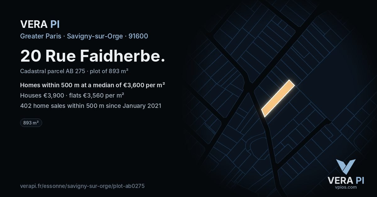 20 Rue Faidherbe, Savigny-sur-Orge at night – the plot lit, the parcels around coloured by the prices near them