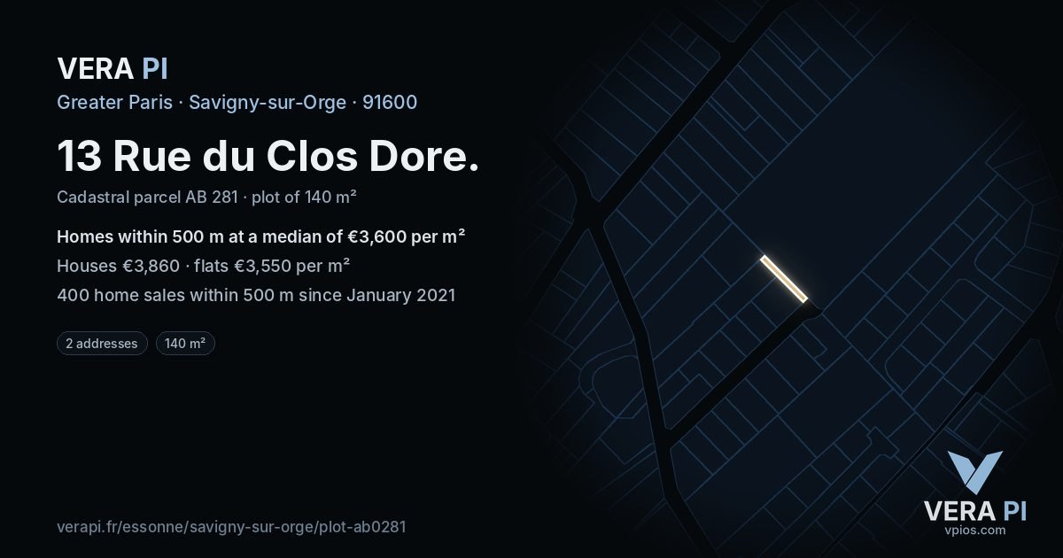 13 Rue du Clos Dore, Savigny-sur-Orge at night – the plot lit, the parcels around coloured by the prices near them