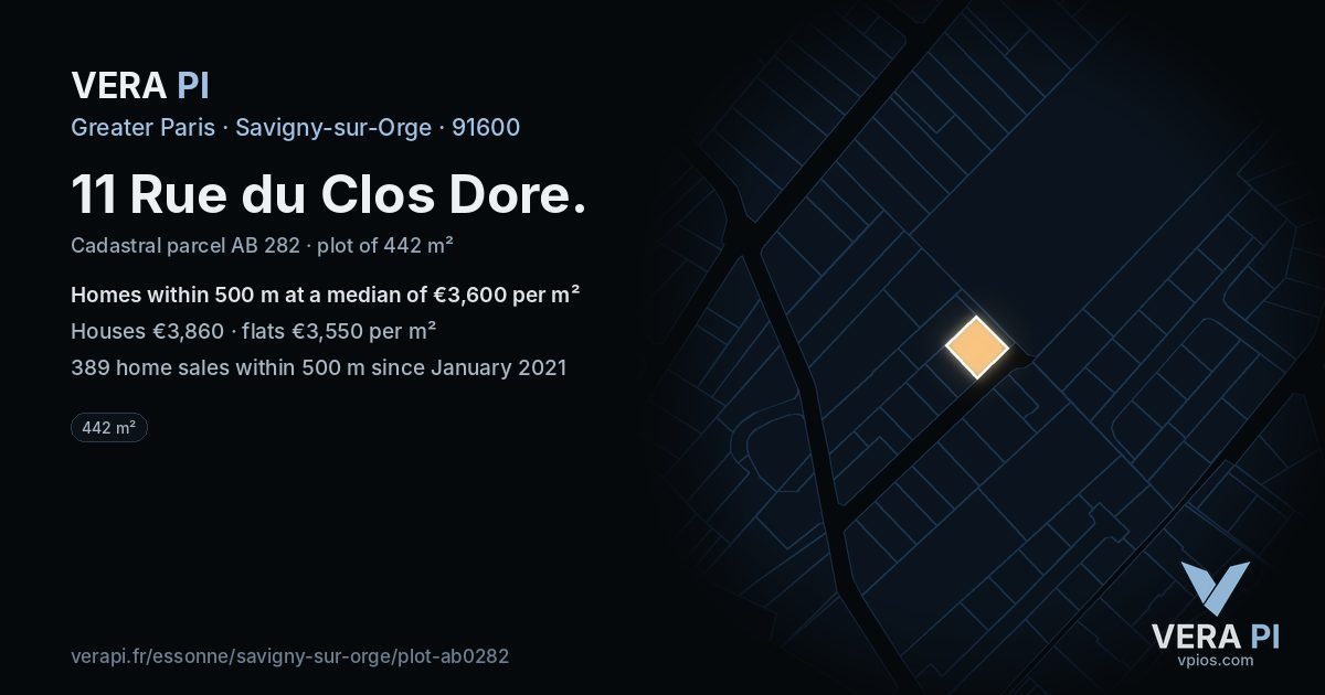 11 Rue du Clos Dore, Savigny-sur-Orge at night – the plot lit, the parcels around coloured by the prices near them