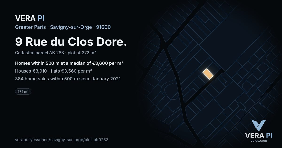 9 Rue du Clos Dore, Savigny-sur-Orge at night – the plot lit, the parcels around coloured by the prices near them