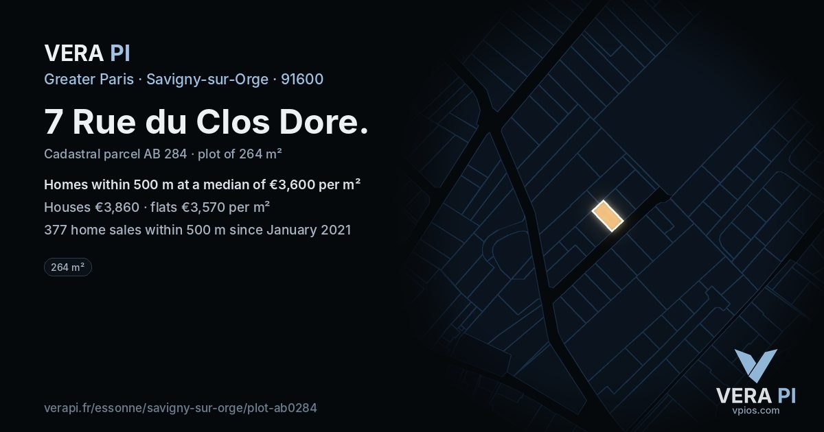 7 Rue du Clos Dore, Savigny-sur-Orge at night – the plot lit, the parcels around coloured by the prices near them