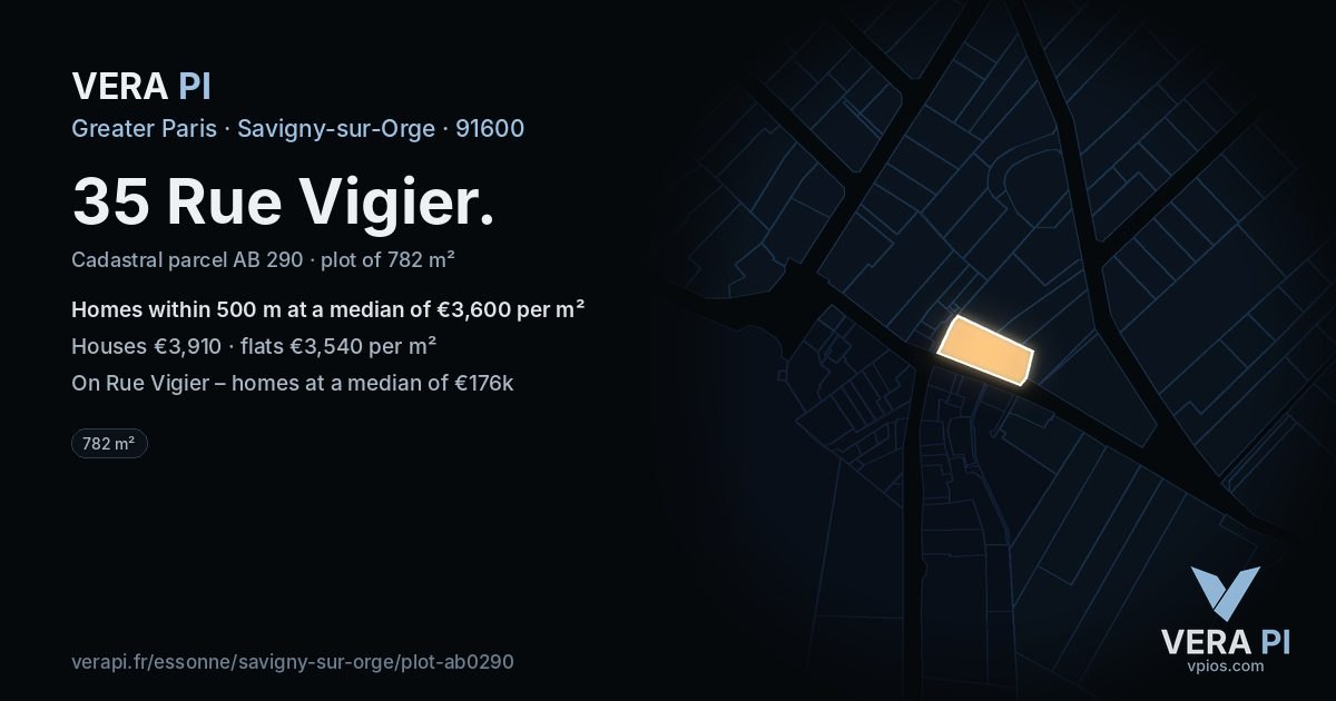 35 Rue Vigier, Savigny-sur-Orge at night – the plot lit, the parcels around coloured by the prices near them
