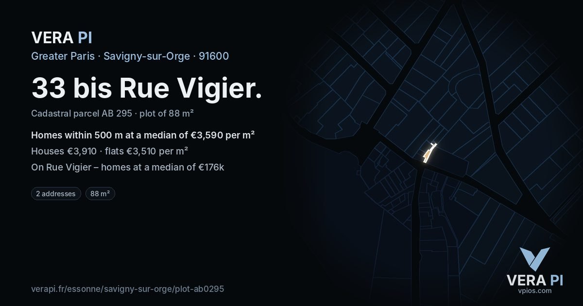 33 bis Rue Vigier, Savigny-sur-Orge at night – the plot lit, the parcels around coloured by the prices near them