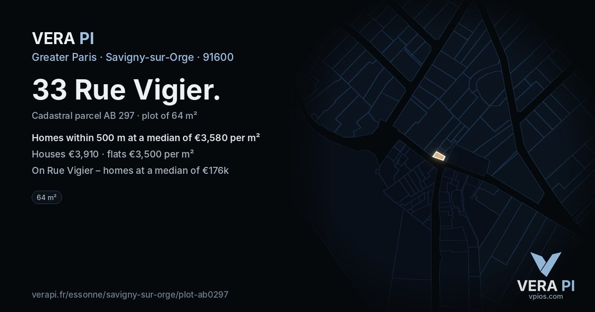 33 Rue Vigier, Savigny-sur-Orge at night – the plot lit, the parcels around coloured by the prices near them
