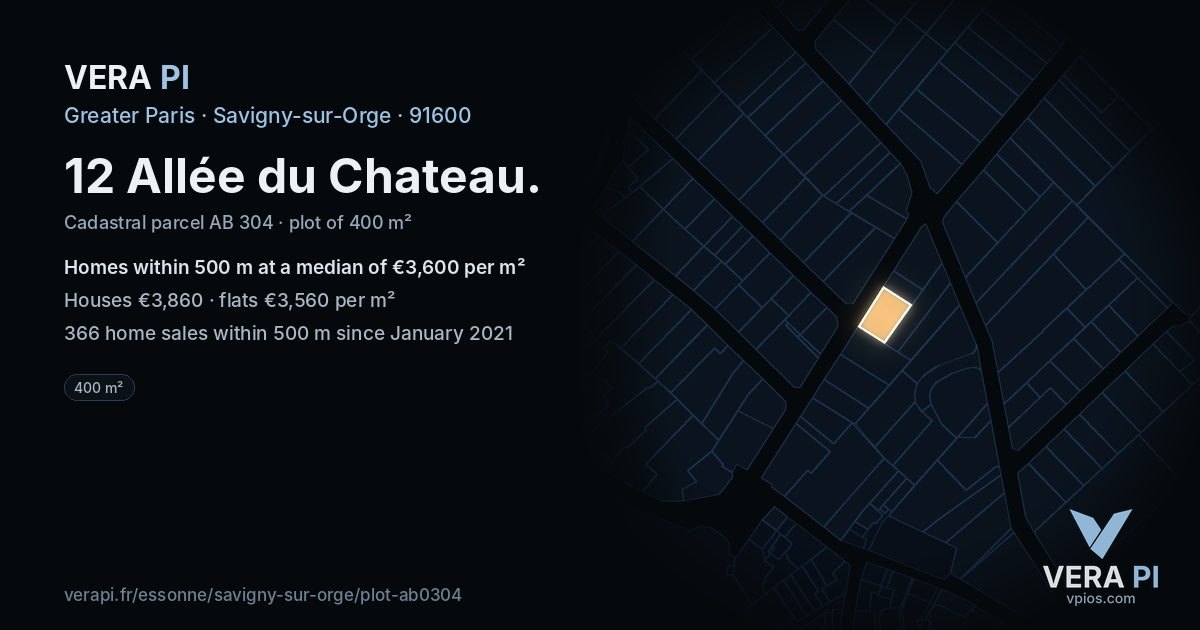 12 Allée du Chateau, Savigny-sur-Orge at night – the plot lit, the parcels around coloured by the prices near them