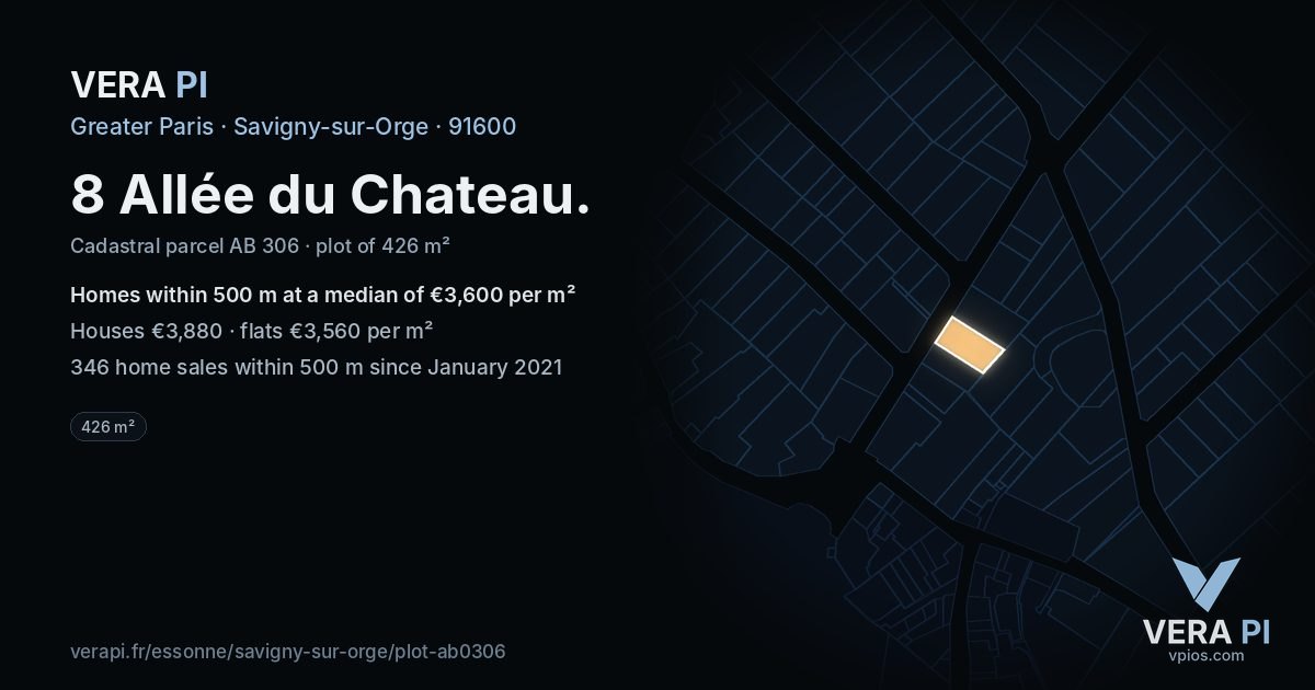8 Allée du Chateau, Savigny-sur-Orge at night – the plot lit, the parcels around coloured by the prices near them
