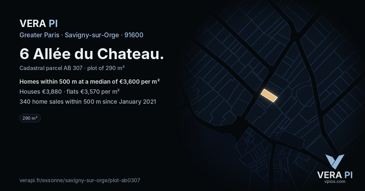 6 Allée du Chateau, Savigny-sur-Orge at night – the plot lit, the parcels around coloured by the prices near them