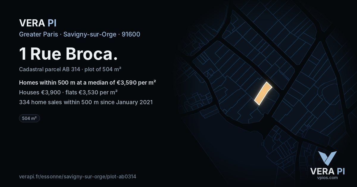 1 Rue Broca, Savigny-sur-Orge at night – the plot lit, the parcels around coloured by the prices near them