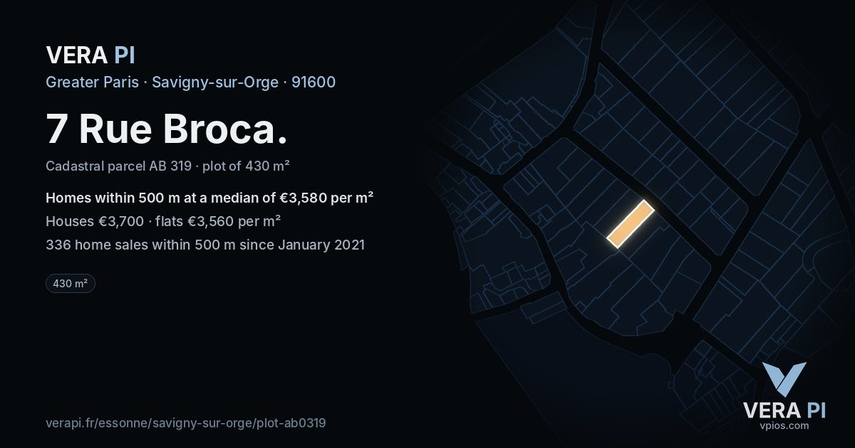 7 Rue Broca, Savigny-sur-Orge at night – the plot lit, the parcels around coloured by the prices near them