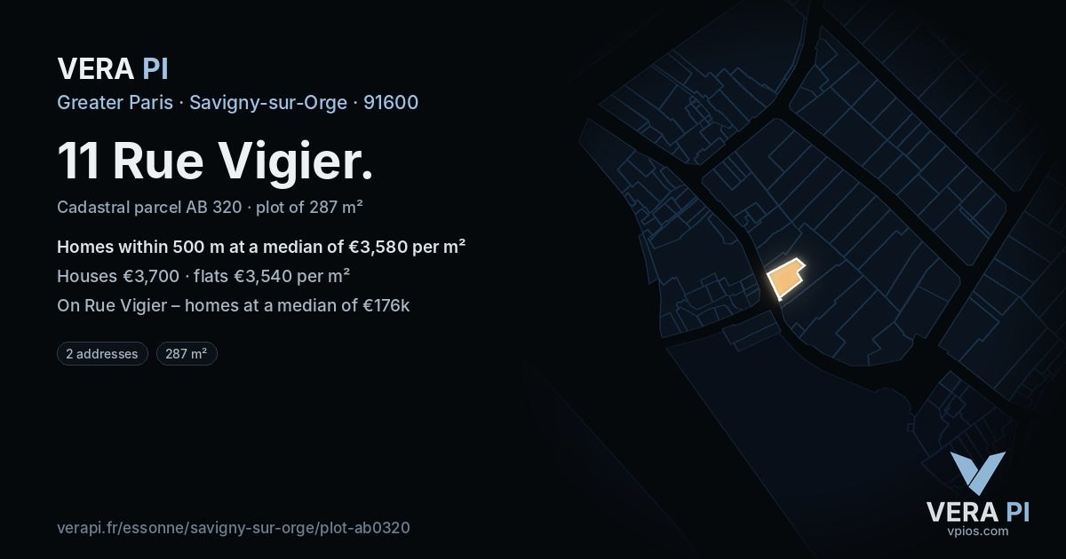 11 Rue Vigier, Savigny-sur-Orge at night – the plot lit, the parcels around coloured by the prices near them