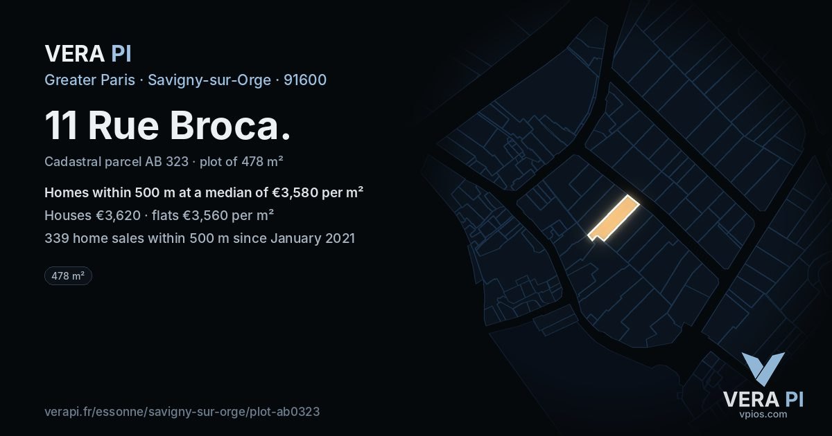 11 Rue Broca, Savigny-sur-Orge at night – the plot lit, the parcels around coloured by the prices near them