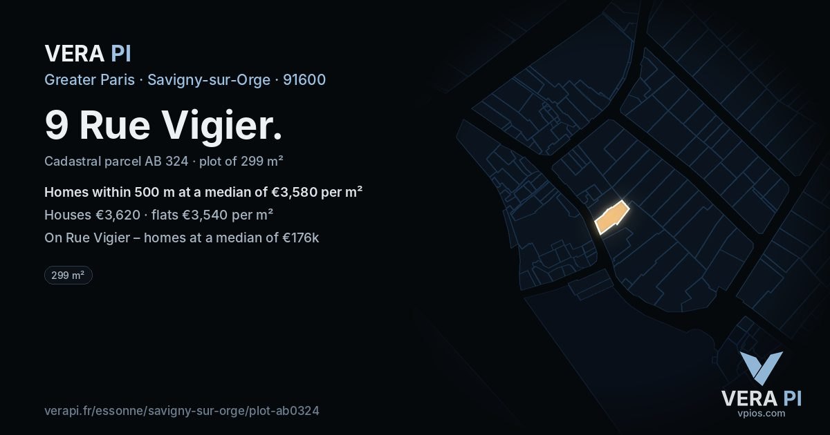9 Rue Vigier, Savigny-sur-Orge at night – the plot lit, the parcels around coloured by the prices near them