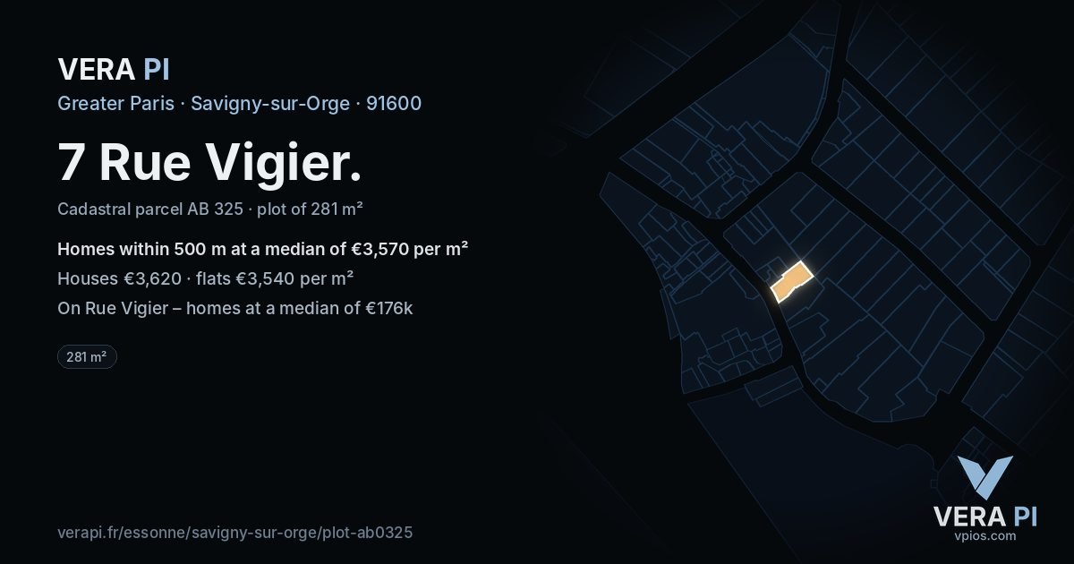 7 Rue Vigier, Savigny-sur-Orge at night – the plot lit, the parcels around coloured by the prices near them