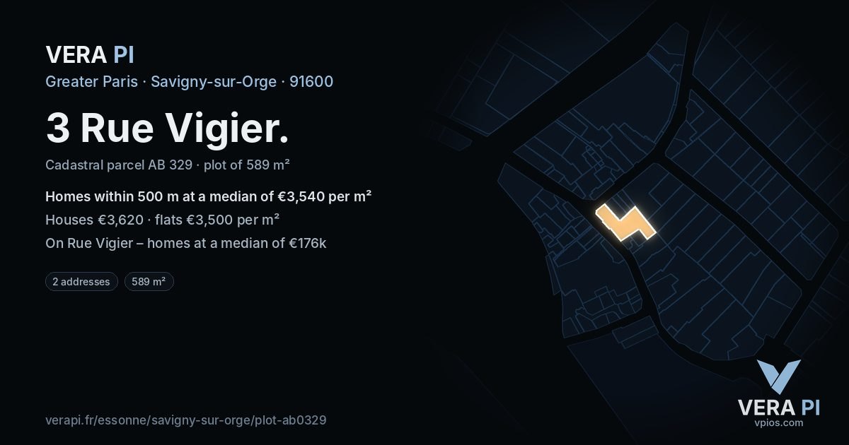 3 Rue Vigier, Savigny-sur-Orge at night – the plot lit, the parcels around coloured by the prices near them