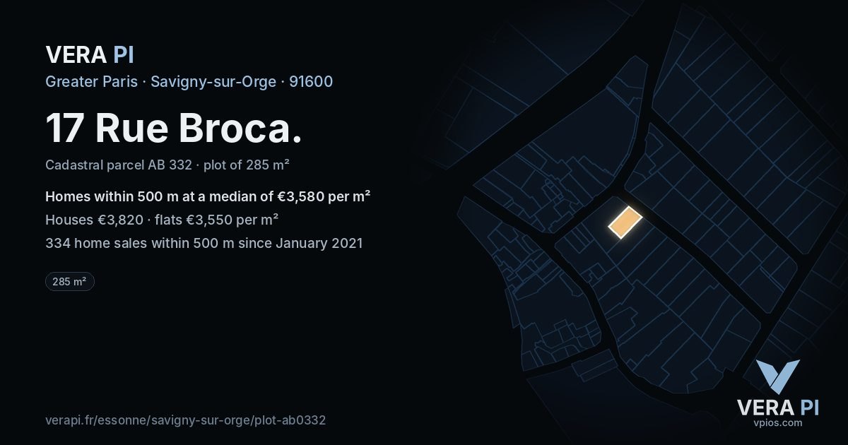 17 Rue Broca, Savigny-sur-Orge at night – the plot lit, the parcels around coloured by the prices near them