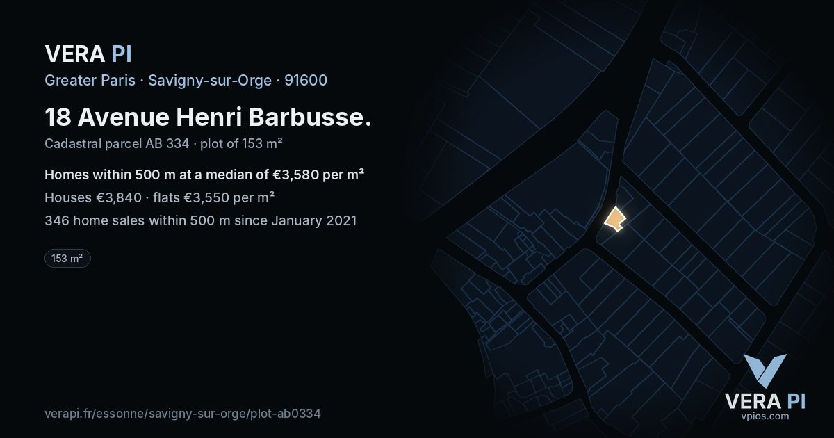 18 Avenue Henri Barbusse, Savigny-sur-Orge at night – the plot lit, the parcels around coloured by the prices near them