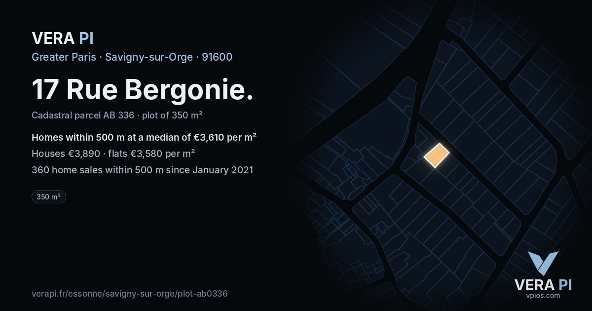 17 Rue Bergonie, Savigny-sur-Orge at night – the plot lit, the parcels around coloured by the prices near them