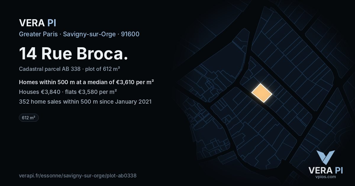 14 Rue Broca, Savigny-sur-Orge at night – the plot lit, the parcels around coloured by the prices near them