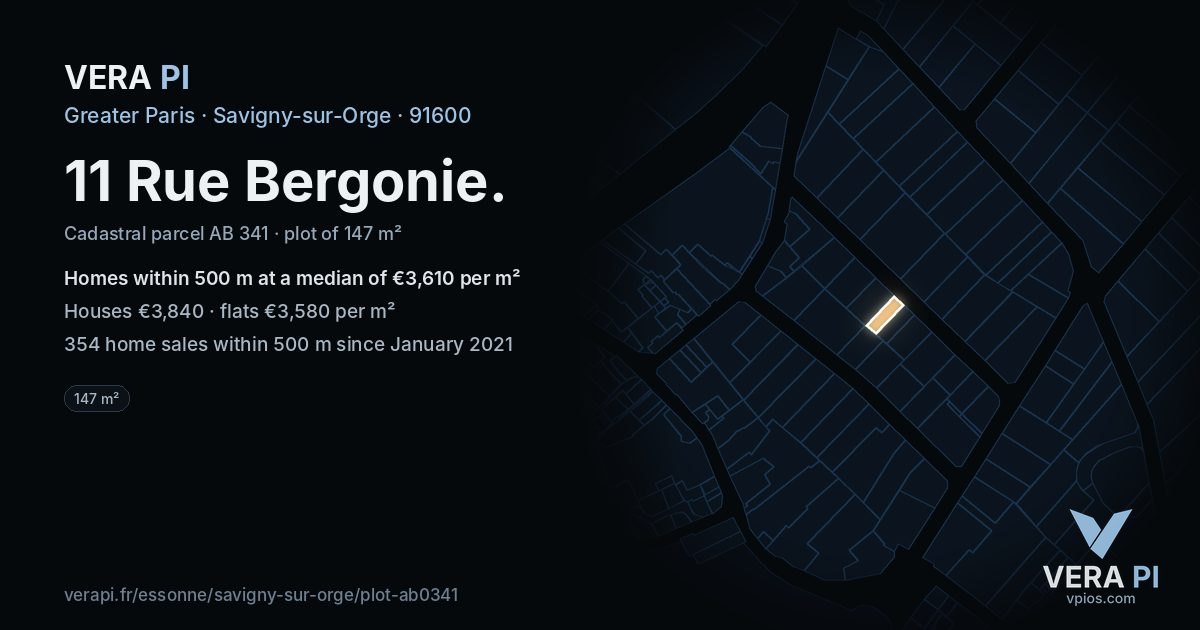 11 Rue Bergonie, Savigny-sur-Orge at night – the plot lit, the parcels around coloured by the prices near them